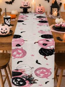 1pc Pink Pumpkin Halloween Linen Table Runner, Sweet Spooky Rectangular Table Decor With Black White Pumpkins, Bats And Star Print, Cute Holiday Tabletop Decoration For Halloween Party And Home - Multicolor - View 15