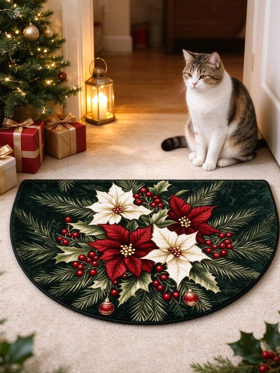 1pc Christmas Red Floral Decorative Doormat, Entryway Mat, Door Mat, Small Rug, Welcome Mat, Carpet, Kitchen Rug, Home Decor, Front Door Mat, Area Rug, Area Carpet - Multicolor - View 1