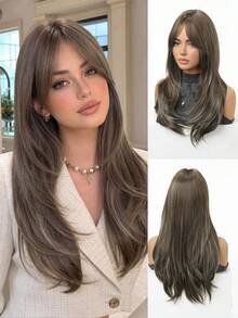 1PC 22 Inch Long Synthetic Wig, Natural Straight Style, Stunning Brown Color Wig. (Multiple Colors Available)With Bangs Design, This Wig Piece Is Perfect For Women's Daily Wear, Parties And Cosplay, Providing A Natural And Durable Wig Gift. - Multicolor - View 13