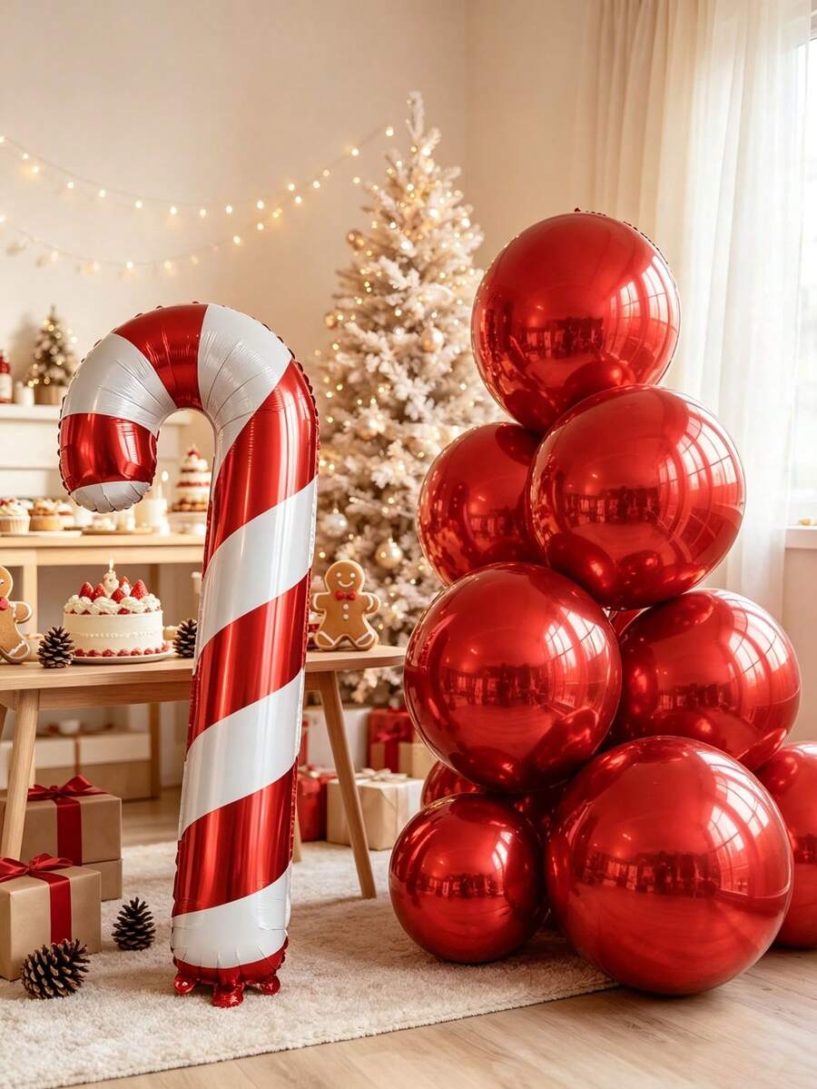 6pcs 32 Inch Red 4D Ball & Extra Large Candy Cane Christmas Party Decoration Balloon Toy Set - View 1