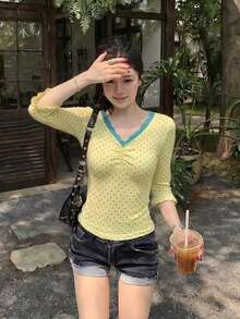 Korean Style Casual Polka Dot Lace Slim Fit T-Shirt - Yellow - View 7