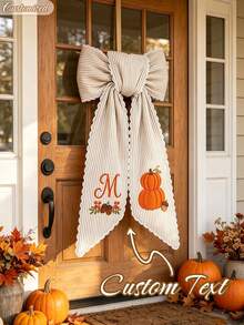 Personalized Custom Embroidered Pumpkin Wreath Ribbon Bow, Striped Fan-Shaped Edge Wreath Ribbon, Custom Text Letter Door Wreath Decoration, Halloween Door Decor Gift, Winter Holiday Front Door Home Decor - Multicolor - View 5