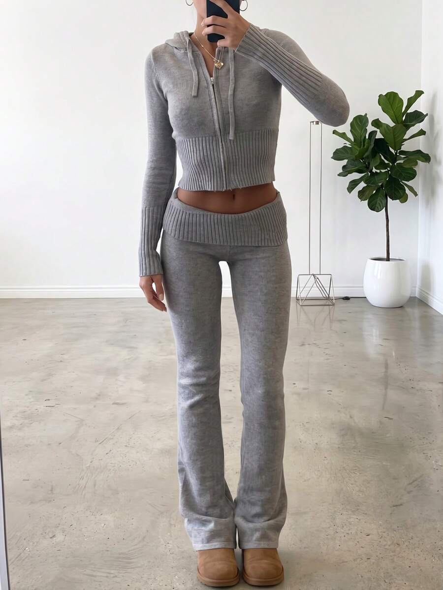 Women's Casual Ribbed Slim Fit Wool Knit Set, Includes Long Sleeve Zip-Up Cropped Hoodie And Matching Drawstring Flare Pants, Mid-Stretch Loungewear, Suitable For Autumn - Light Grey - View 1