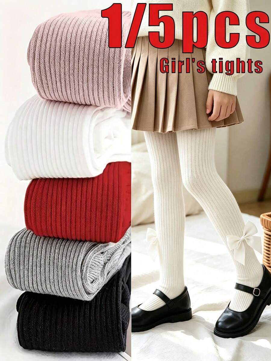 1pc White Girls' Bow Vertical Stripe Tights, Preppy Style Versatile ...