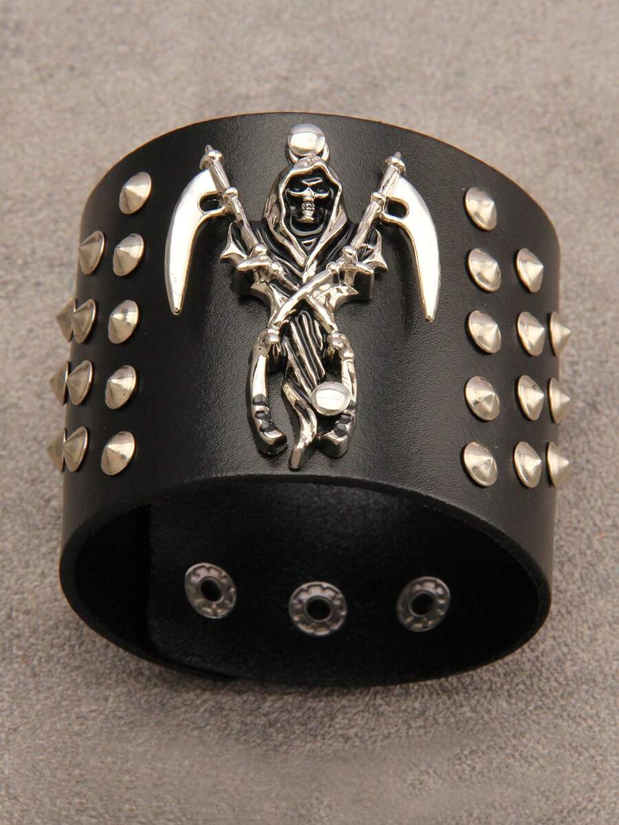 1pc Fashionable Personalized Hip Hop Punk Unisex PU Leather Bracelet, Street Dance Decor Wide Wristband With Double Knife, Hat, Skull Skeleton And Rivet Alloy Chain, Halloween Party Stage Performance Gift - Bracelet - View 1