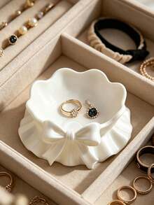 1pc Cream White Bowknot Ceramic Jewelry Tray, Ruffled Edge Decorative Trinket Dish, Tabletop Ring Necklace Earring Storage Holder - Multicolor - View 10