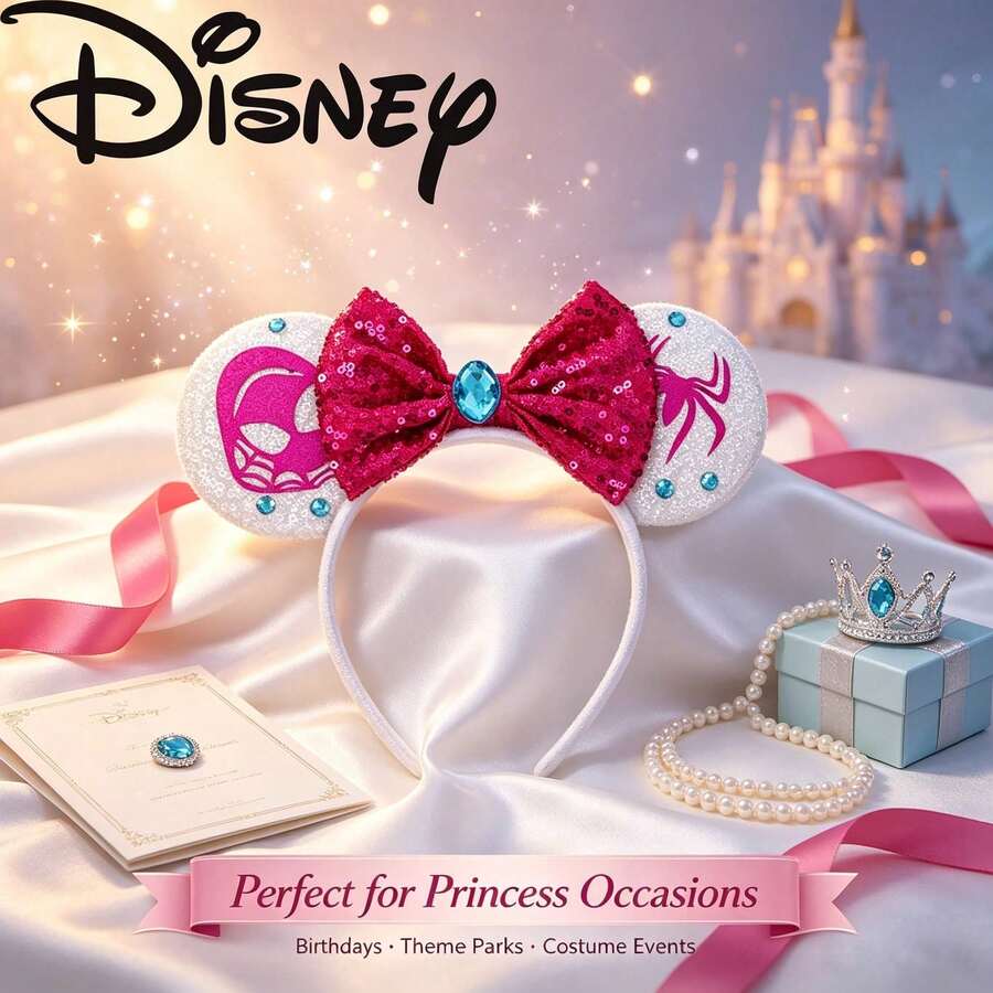 Disney Marvel Ghost Spider Gwen Ears Headband - Sparkle Magenta Sequin Bow Gemstone Web Cute Superhero Hair Accessories - Multicolor - View 1