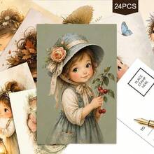 24pcs + 1 Red Envelope Fun Spring Postcards, Cute Girl In Garden Flower Bed Greeting, Suitable For Friends, Seasonal Celebration, Artistic Watercolor Style, Stationery - Sets - View 6