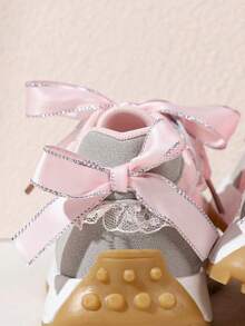 Girls' Colorblock Chunky Sneakers With Colorful Floral Embroidery, Lace Ribbon Bow, Lightweight Non-Slip Soft Sole Casual Sports Shoes - Pink - View 2