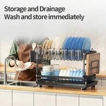 1pc Modern Carbon Steel Kitchen Dish Drying Rack, Large Capacity Double Layer No-Drill Storage Rack With Drainage Tray, Rust-Proof, Includes Chopstick Spoon Cup Holder, Suitable For Kitchen Sink Area And Dining Table Countertop, Kitchen Storage Organizer, Dishware Rack, Hanging Cup Rack, Knife Chopstick Spoon Storage Holder, Kitchen Supplies Aesthetic Decor, Desktop Sink Anti-Water Accumulation Storage Rack - Multicolor - View 7