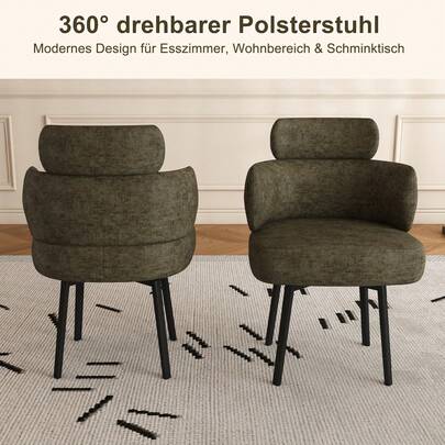 Modern Upholstered Dining Chair, 360° Swivel Accent Chair With Curved Backrest And Short Headrest, Fabric Side Chair With Black Metal Legs, Vanity Chair For Dining Room, Living Room And Bedroom