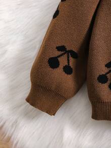 1pc Baby Girl Cherry Jacquard Knit Cardigan With Ruffle Collar, Long Sleeve Button-Up Sweater Jacket, Spring/Autumn Infant Open Front Coat - Coffee Brown - View 6