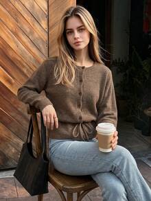 Autumn Women Brown Knit Cardigan Round Neck Button Front Drawstring Waist Long Sleeve Casual Tops Elegant Vacation Going Out Outfits For Women - Brown - View 7