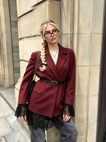 1pc Colorblock Woven Fabric Belt Lace Patchwork Jacket Office Formal Evening Party Tea Party Autumn - Burgundy - View 1