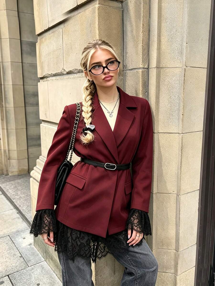 1pc Colorblock Woven Fabric Belt Lace Patchwork Jacket Office Formal Evening Party Tea Party Autumn - Burgundy - View 1