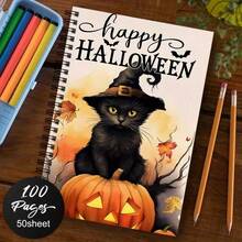 1pc Fall Bookshelf Spiral Notebook, Black Cat Pumpkin Journal For Work Note Taking, Gift For Book Lover, School Office Supplies - 1 Pack (50 Sheets/100 Pages) - View 9