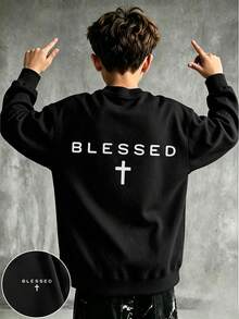 Tween Boys Minimalist Slogan Cross Pattern Print Crew Neck Sweatshirt, Comfortable Autumn/Winter Top - Black - View 1