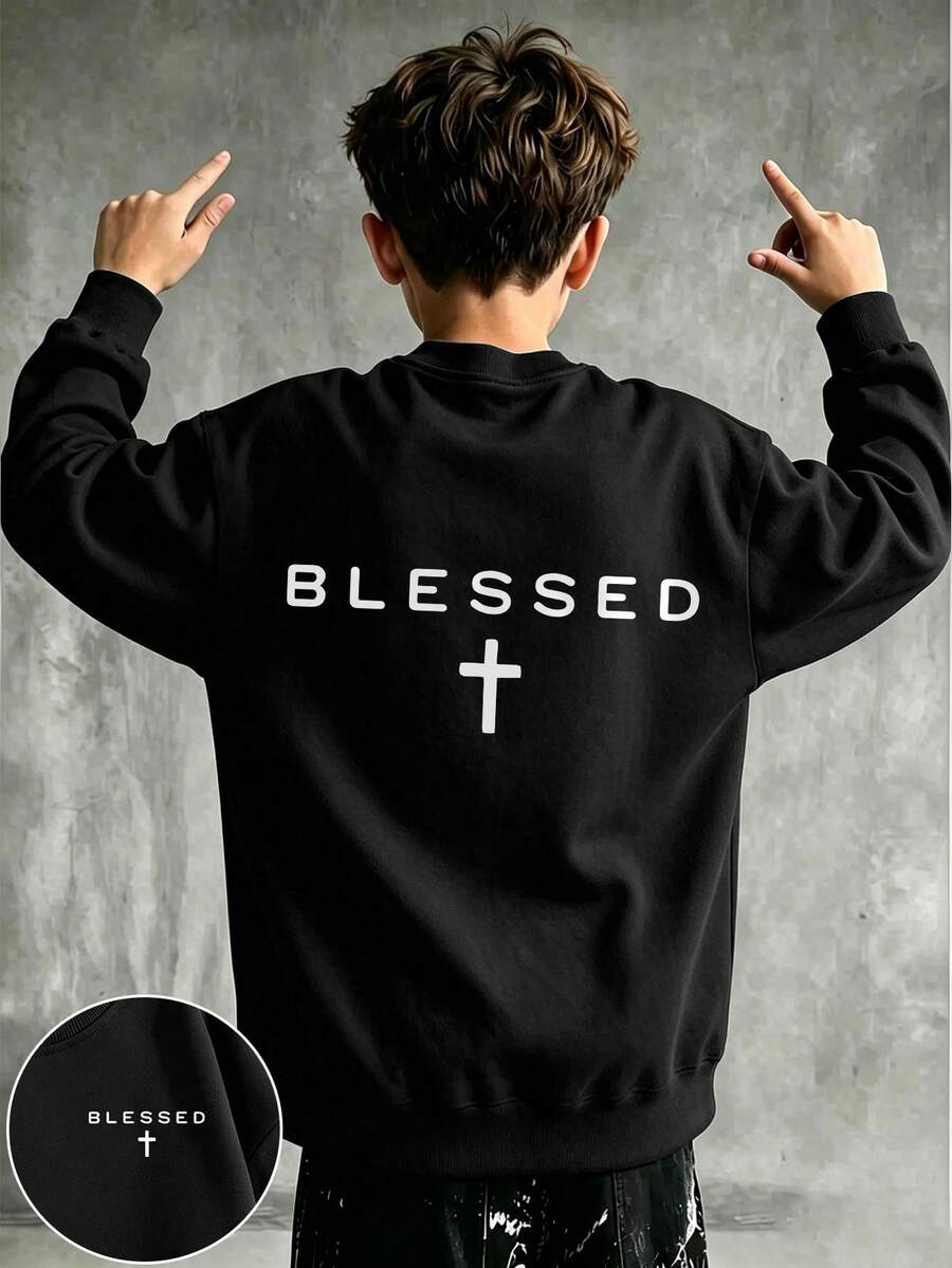 Tween Boys Minimalist Slogan Cross Pattern Print Crew Neck Sweatshirt, Comfortable Autumn/Winter Top - Black - View 1