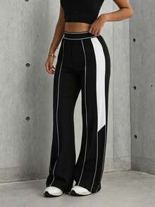 Hidkat Women's Fashion Solid Color Patchwork High Waist Webbing Yoga Casual Sports Knit Long Pants - Black and White - View 4
