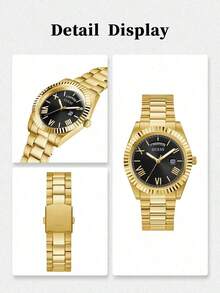 Guess Men's Full‑Gold‑Tone Round Quartz Watch Roman‑Numeral Hour Markers Day‑Date Display Polished Stainless‑Steel Bracelet Retro Business Dress Watch - Black - View 7