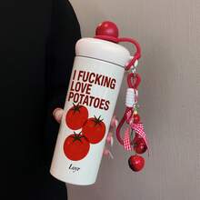 1PC 600ML Creative And Personalized, Simple Cherry, English Tomato Pattern Stainless Steel Insulated Cup, Double-Use Coffee Cup, Portable Straw Cup, Hanging Strap , Suitable For Office, Campus, Gift For Holidays/Birthdays, Coffee, Milk, Tea - Multicolor - View 12