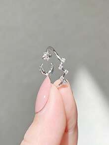 1pc Minimalist Fashion Luxury Exquisite Star & Moon Open Ring, Suitable For Women's Daily, Holiday, Commute Wear - Silver - View 3
