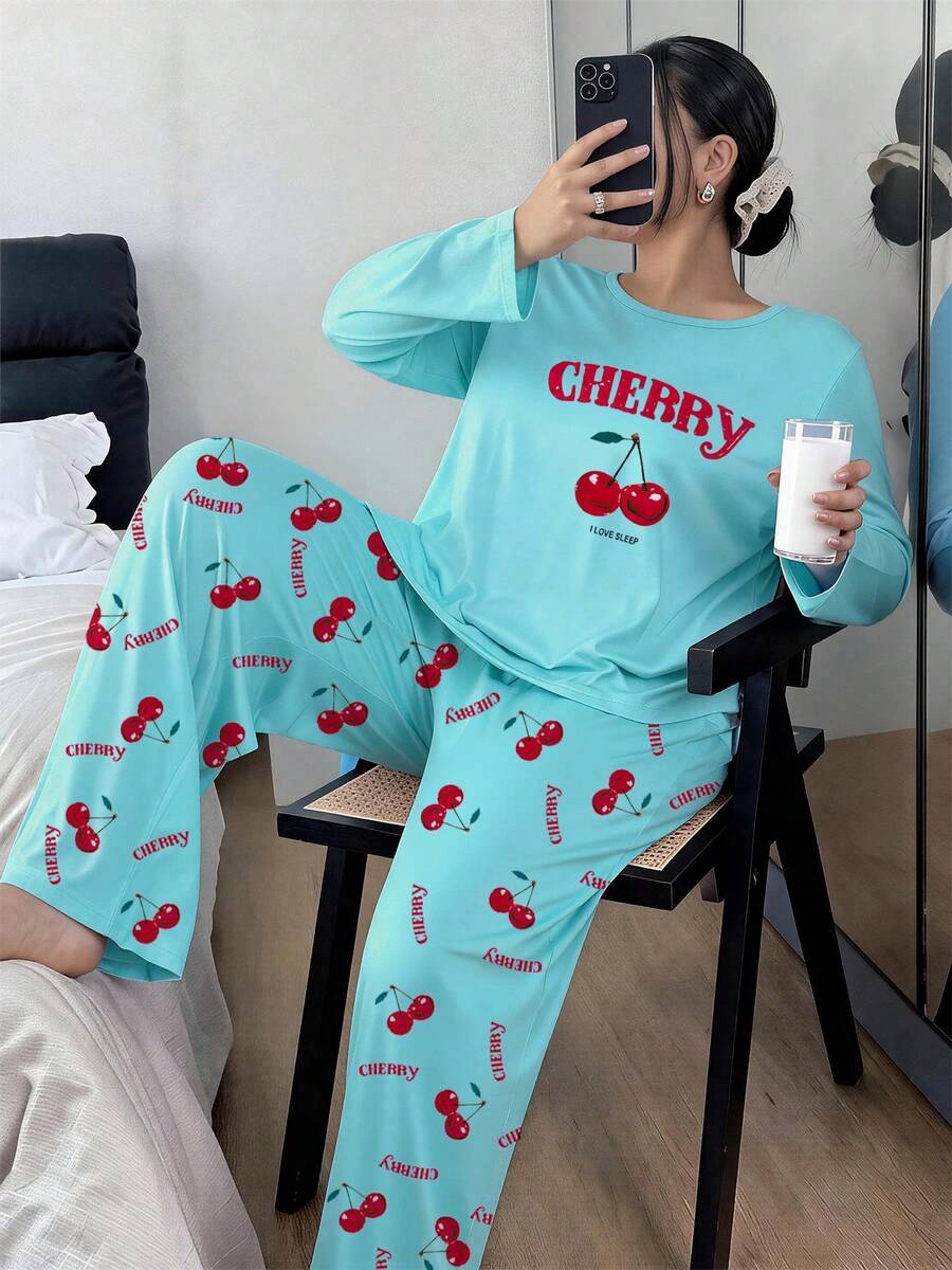 Women's Plus Size Pajama Set, Cherry Print, Long Sleeve Long Pants Loungewear, Autumn/Winter Clothing - Green - View 1