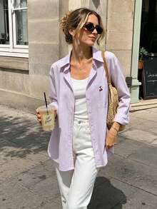 Kemeja Harian Wanita Warna Polos Musim Gugur dengan Saku Bordir dan Kancing - Mauve Purple - View 1