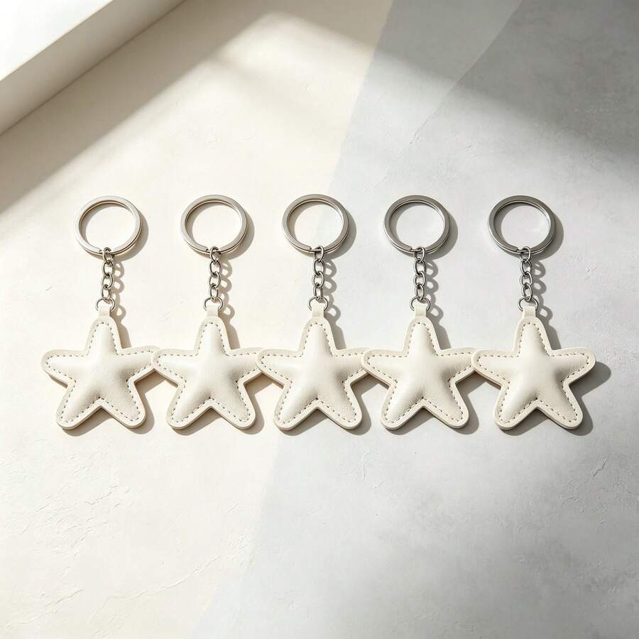 1 Set 5pcs Unisex New Solid Color Five-Pointed Star Keychain PU Padded Star Pendant Couple Gift Bag Decoration Charm - White - View 1
