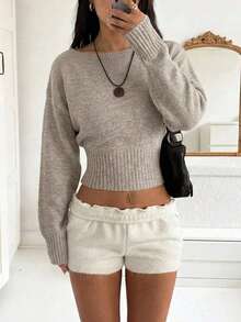 Women's Fashion Short Pullover Sweater Long Sleeve Knit Top With Cuffed Design Winter Outfit - Khaki - View 2