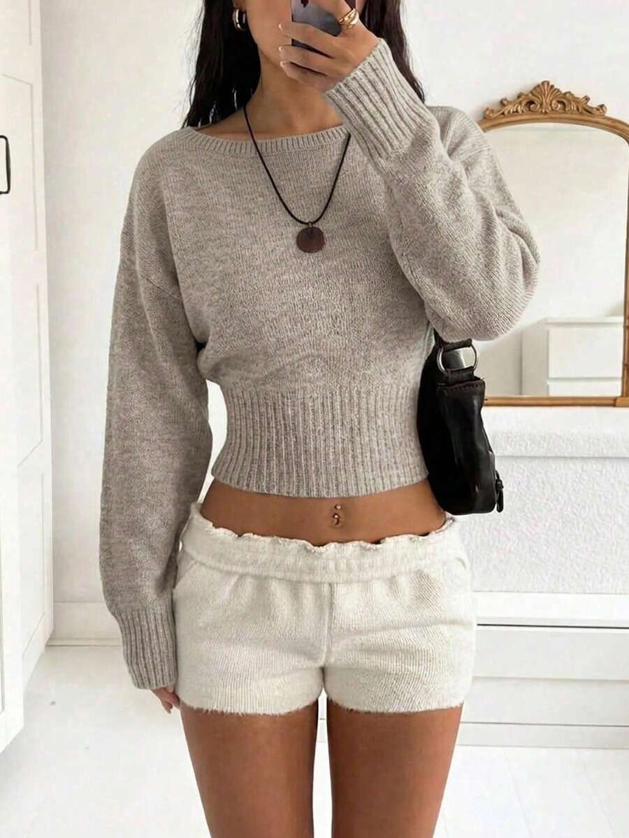 Ribbed Waist Cropped Sweater, Women's Round Neck Pullover, Long Sleeve Knit Top, Khaki Beige, Slim Fit, Stretchy Casual Fall Winter Outfit - Khaki - View 1