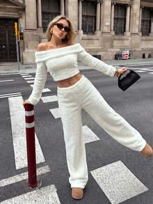 ENGU CO. Y2K Cold Shoulder Fuzzy Fluffy 2 Pieces Set, Long Sleeve Cropped Top + Flare Pants Outfit, Women's Casual Comfortable Matching Set - White - View 2