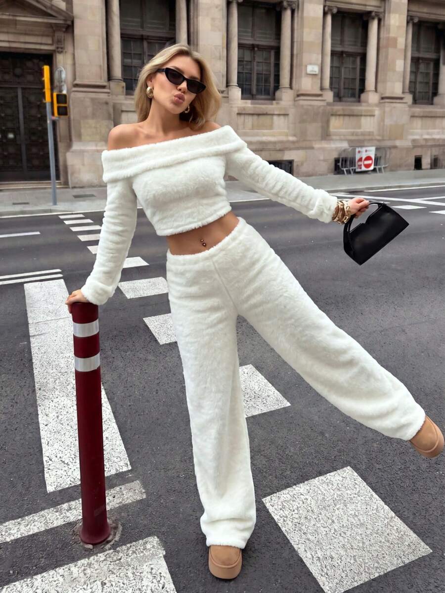 ENGU CO. Y2K Cold Shoulder Fuzzy Fluffy 2 Pieces Set, Long Sleeve Cropped Top + Flare Pants Outfit, Women's Casual Comfortable Matching Set