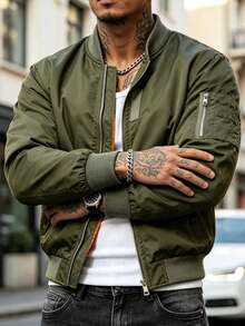 Men's Orange Lining Flight Jacket, Multi-Pocket With Arm Pocket Zipper Ribbed Collar Fashion Casual Outerwear, Suitable For Spring And Autumn Wear - Army Green - View 3