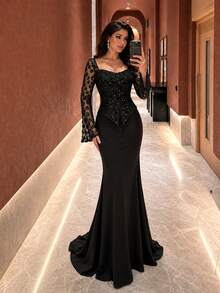 UNITHORSE[Random Cut]Sweetheart Neckline Cinched Waist Sequin Patchwork Knit Evening Dress - Black - View 1
