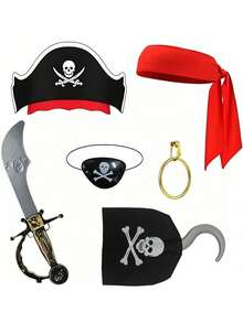 1 Set Pirate Costume Accessories Kit, Includes Pirate Hat, Bandana, Eye Patch, Hook, Hand, Gold Earrings, Prop Sword, Suitable For Halloween Role Play Theme Party Costume Props - Multicolor - View 8