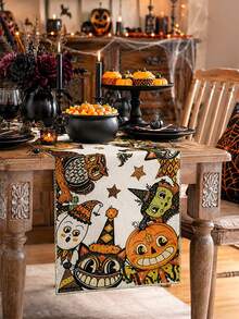 1pc Vintage Cartoon Halloween Table Runner, Beige Linen Long Style, Printed With Pumpkin, Cat And Ghost Patterns, Fun Retro Style Dining Table Decor, Suitable For Halloween Party, Kitchen And Seasonal Home Decoration - Multicolor - View 4