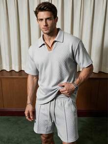 Bộ đồ nam mặc thường ngày đi làm và ở nhà, phong cách casual, vải polyester màu trơn, đa năng, thể thao, thoáng khí, họa tiết kim cương - Xám - Xem 1
