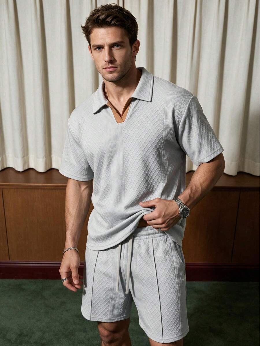 Bộ đồ nam mặc thường ngày đi làm và ở nhà, phong cách casual, vải polyester màu trơn, đa năng, thể thao, thoáng khí, họa tiết kim cương - Xám - Xem 1