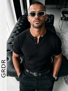 GRDR Men's Classic Ribbed Solid Color Knit Short Sleeve T-Shirt, Suitable For Summer Casual Gatherings - Black - View 2