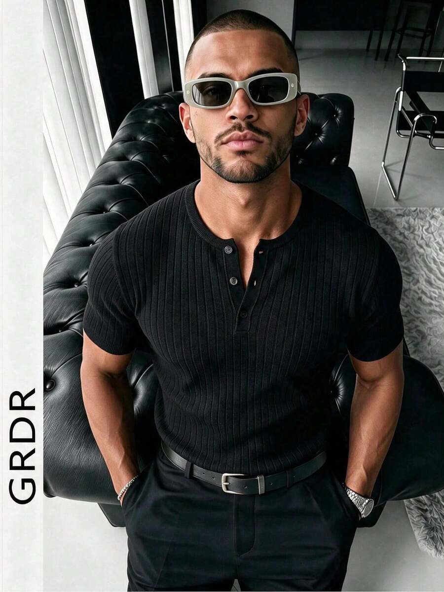GRDR Men's Classic Ribbed Solid Color Knit Short Sleeve T-Shirt, Suitable For Summer Casual Gatherings