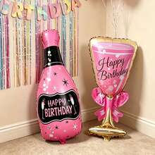 Pink Happy Birthday Wine Glass & Wine Bottle Balloon Set, Suitable For Birthday Party & Anniversary Celebration Decoration - Multicolor - View 2