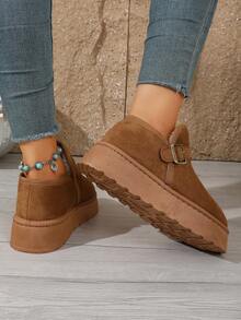 Women's Solid Color Faux Suede Thick Sole Mule Closed Toe Slippers, Gold Buckle Strap Slip-On Backless Ankle Boots - Khaki - View 5