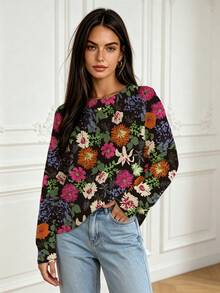 Women's Autumn Vintage Floral Print Knit Sweater, Round Neck Pullover Knit Top, Eye-Catching Outfit For Outings - Multicolor - View 3