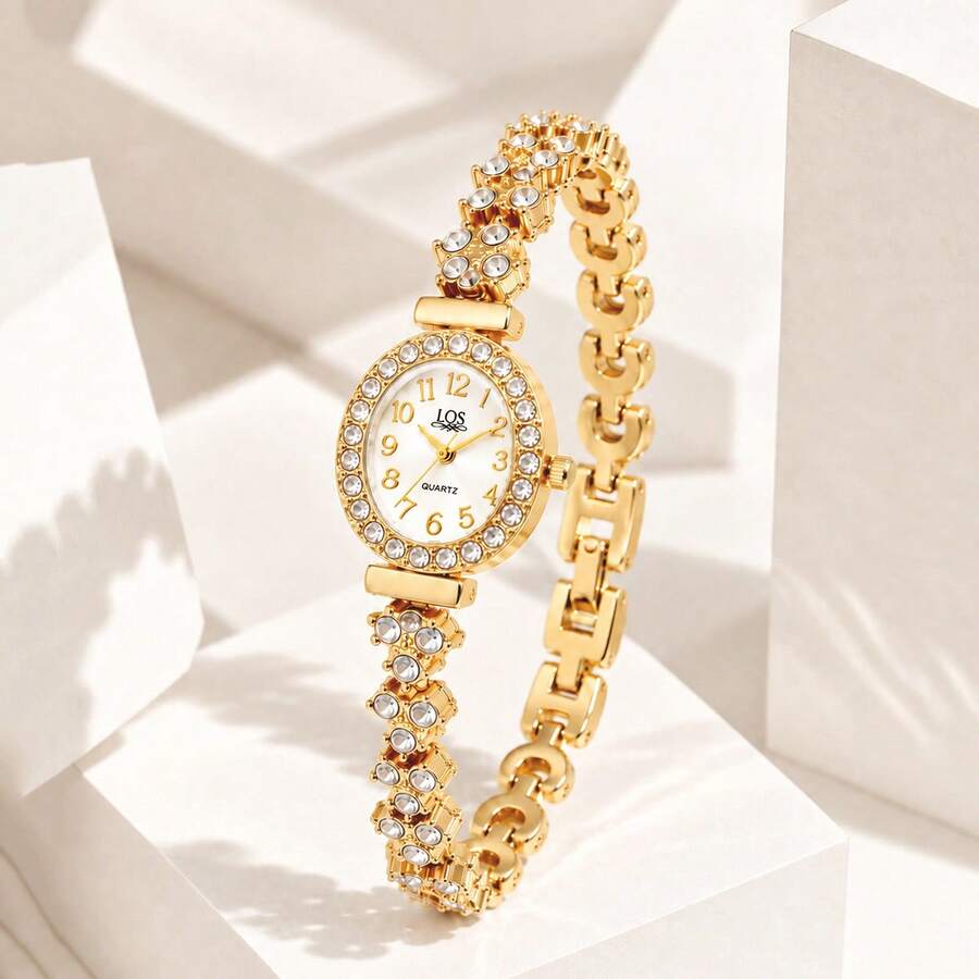 1pc Vintage Gold Oval Quartz Women's Wristwatch, Rhinestone Elegant Dial, Suitable For Daily Wear, Jewelry Gift - Style 1 - View 1