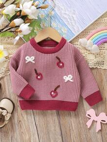 Baby Girl Sweet Cherry Bow Embroidered Sweater, Contrast Color Round Neck Soft Knit Top, Infant Toddler Spring Autumn Winter Versatile Outerwear Inner Layer Base Layer, Daily Wear Knit Sweater - Pink - View 11