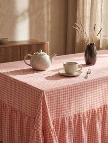 1pc Pink And White Small Checkered Tablecloth, Warm Pastoral Style, Fabric Material, Rectangular Long With Ruched Edge And Pleated Detail, Decorative And Functional, Suitable For Daily Home Dining Scenes - Pink - View 5