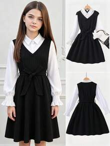 Girls' Black & White Colorblock 2 In 1 Korean Style Academy Dress, Collared Flare Long Sleeve Cinched Waist Tie Ribbed A-Line Skirt, Spring Autumn Winter Campus Commute Daily Wear - Black - View 1