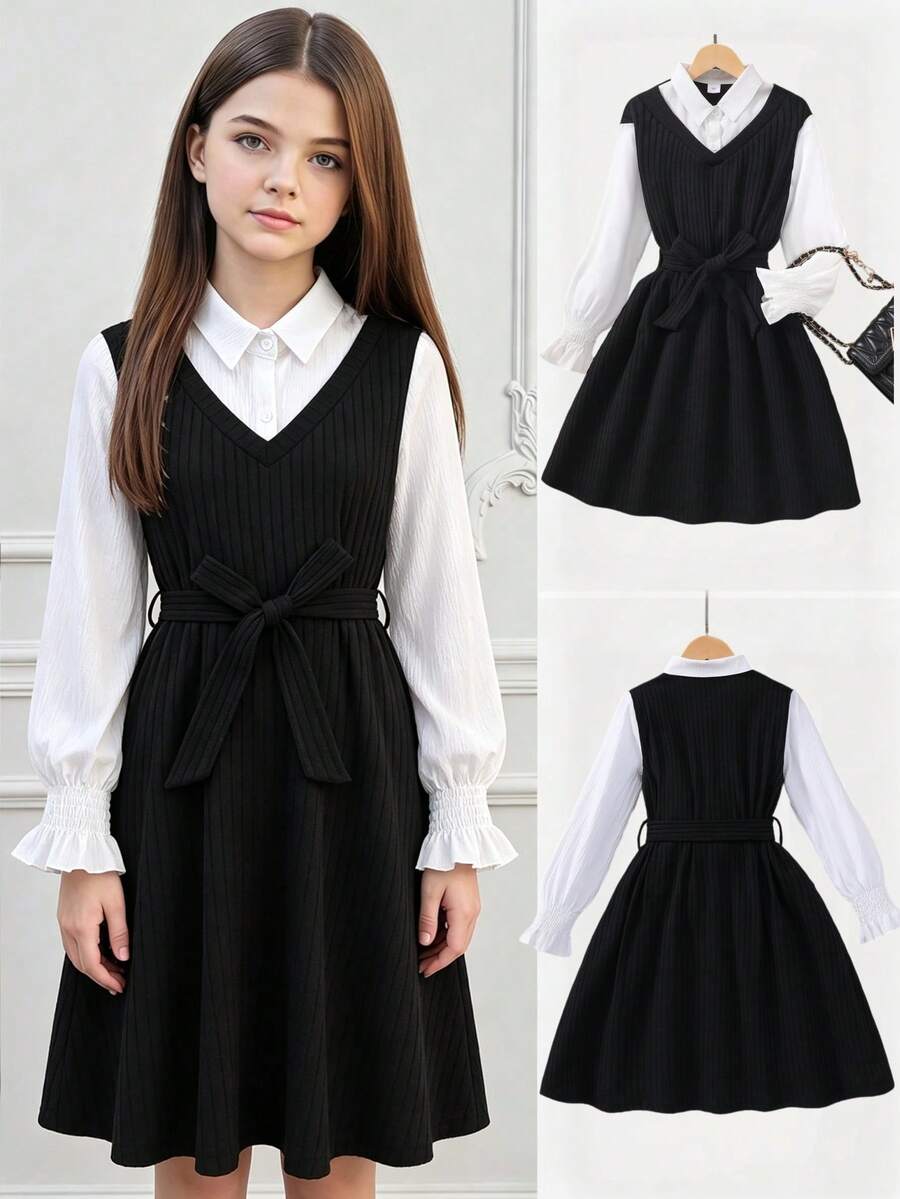 Girls' Black & White Colorblock 2 In 1 Korean Style Academy Dress, Collared Flare Long Sleeve Cinched Waist Tie Ribbed A-Line Skirt, Spring Autumn Winter Campus Commute Daily Wear - Black - View 1