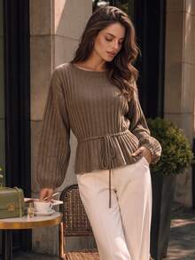 Autumn Brown Off Shoulder Ribbed Knit Sweater For Women Drawstring Waist Lantern Sleeve Loose Soft Knit Tops Casual Fall Daily Outfits - Brown - View 7